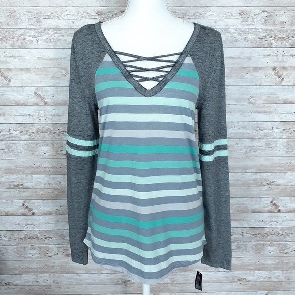 Derek Heart Tops - Derek Heart Top Raglan Striped Tee Green 194